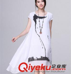 連衣裙 2015夏裝韓版文藝范不規(guī)則寬松印花短袖連衣裙棉麻dbym長裙原始圖片3