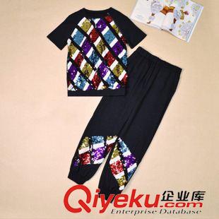 休閑運(yùn)動(dòng)套裝 2015歐洲站春夏新款重工撞色亮片T恤+束腳褲子運(yùn)動(dòng)休閑套裝潮原始圖片2