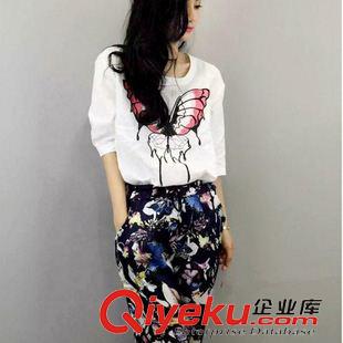 休閑運(yùn)動(dòng)套裝 歐洲站2015夏季新款時(shí)尚潮牌女裝天絲麻蝴蝶印花五分袖套裝原始圖片2