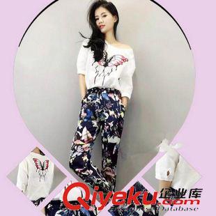 休閑運(yùn)動(dòng)套裝 歐洲站2015夏季新款時(shí)尚潮牌女裝天絲麻蝴蝶印花五分袖套裝原始圖片3