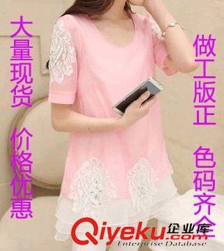 孕婦裝 夏裝新款鑲鉆蕾絲假兩件 短袖孕婦雪紡套頭裙 大碼雪紡裙原始圖片2