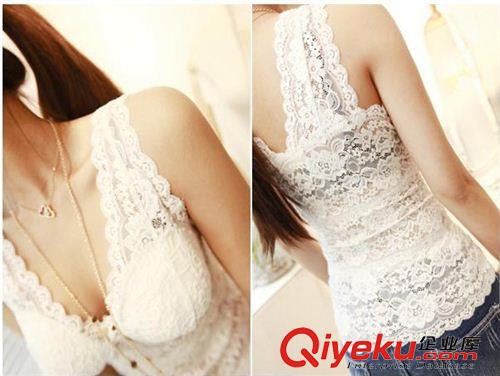 小背心，吊帶衫 9293#2014夏季新品深V領鏤空小吊帶低胸全蕾絲性感小背心帶胸墊原始圖片2