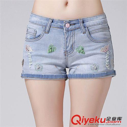 短褲 夏季新款刺繡手工釘珠精棉工藝破洞修身牛仔短褲女褲5017-1#原始圖片2