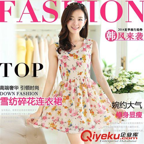 短袖   無袖 連衣裙 實拍2014夏季新款韓版女連衣裙雪紡碎花顯瘦無袖雪紡裙女6030#原始圖片2