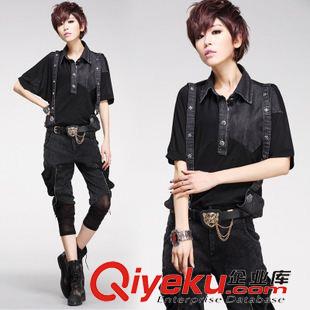 2014年短袖T恤 9501#歐洲站 潮款短袖大碼女裝 鉚釘裝飾背帶T恤
