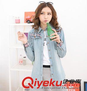 中老年款 219# 新款春季女裝2014日系森女蕾絲花邊長(zhǎng)袖修身牛仔襯衫襯衣