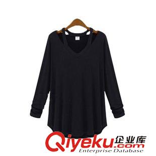 速賣通ebay 速賣通新款歐美時(shí)尚休閑女裝露肩長(zhǎng)袖V領(lǐng)上衣T恤 打底衫