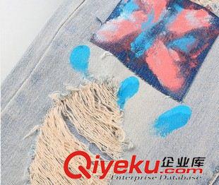 女士牛仔長褲 2015夏新款韓版女裝潮款彩繪磨破顯瘦小腳哈倫褲女九分褲