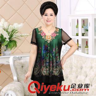 大碼媽媽裝 2015夏季新款女裝T恤真絲網(wǎng)紗印花上衣顯瘦修身中老年媽媽裝原始圖片2