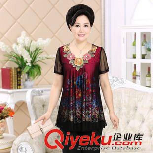 大碼媽媽裝 2015夏季新款女裝T恤真絲網(wǎng)紗印花上衣顯瘦修身中老年媽媽裝原始圖片3
