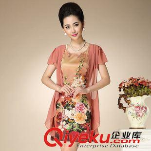 大碼媽媽裝 2014夏季中老年加大碼媽媽裝假兩件仿桑蠶絲印花真絲連衣裙女原始圖片2