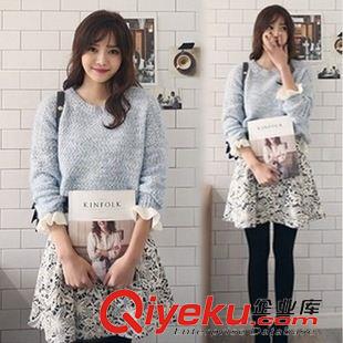 A 韓國秋冬新款百搭甜美優(yōu)雅木耳花邊蝙蝠袖雪花毛衣女