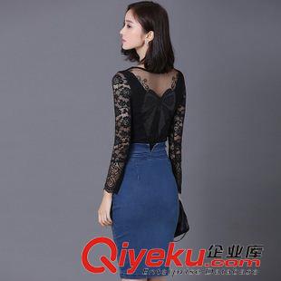 B (實拍)2015 秋裝新款韓版修身女t恤大碼皮花蕾絲打底衫長袖