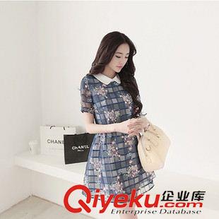 春夏款連衣裙 實(shí)拍現(xiàn)貨 2014夏裝新款 復(fù)古假兩件連衣裙雪紡襯衫格子印花裙