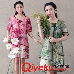 喜慶禮服旗袍 實拍新款大碼媽媽裝絲綢印花真絲連衣裙