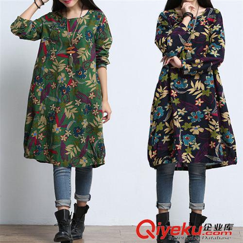 九月新款 實(shí)拍 2015秋裝新款大碼女裝印花長款盤扣顯瘦寬松棉麻連衣裙原始圖片2