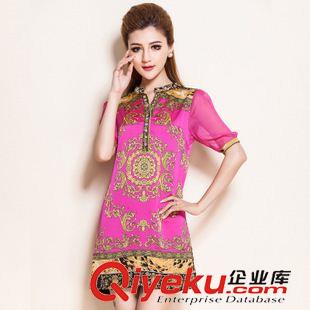 六月下旬新款 2015高端媽媽裝歐美宮廷印花真絲大碼修身連衣裙 夏裝連衣裙原始圖片2
