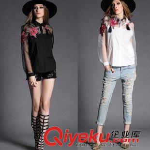 襯衫專區(qū) 外貿(mào)2015春女裝新款長(zhǎng)袖女韓版修身燙鉆雪紡襯衫蝴蝶結(jié)蕾絲襯衣