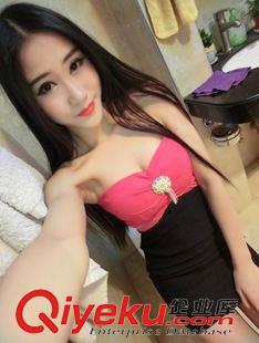 情侶裝專區(qū) 2015夏季新款低胸個(gè)性裹胸掛脖式性感包臀雪紡綁帶連衣裙潮原始圖片3