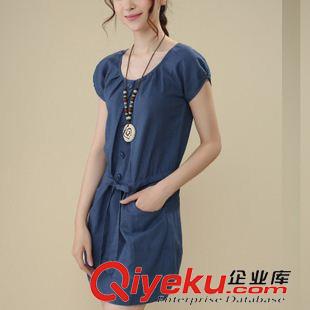 外貿(mào)原單棉麻系列 2015外貿(mào)夏裝新款韓版森女a(chǎn)字裙大碼女裝寬松短袖棉麻連衣裙 批發(fā)原始圖片2