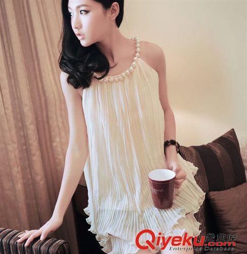 背心裙波西米亞長裙 2015夏裝新款甜美淑女珍珠鏈 雪紡壓折波浪邊蓬蓬 連衣裙批發(fā)原始圖片3