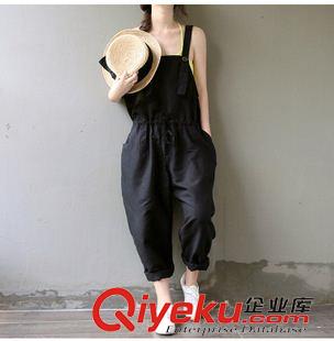 大版孕婦裝 新款棉麻森系文藝純色中腰背帶長(zhǎng)褲 田園寬松大碼褲原始圖片2