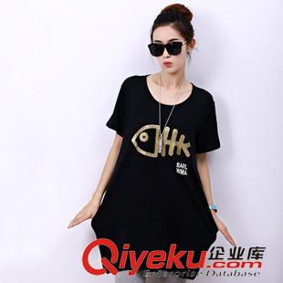 T恤 實(shí)拍夏裝大碼女胖mm外貿(mào)原單寬松上衣打底魚印花中長款短袖t桖原始圖片3