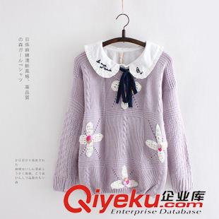 2015九月第二批新款 森女系甜美花朵刺繡鉤花針織套頭花邊圓領(lǐng)毛