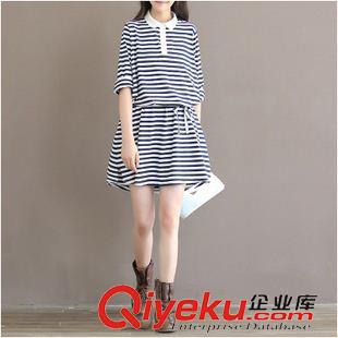 2015九月{dy}批新款 2015韓版森女系連衣裙海軍風(fēng)中長(zhǎng)款寬松長(zhǎng)袖針織條紋連衣裙女原始圖片2