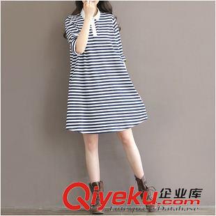 2015九月{dy}批新款 2015韓版森女系連衣裙海軍風(fēng)中長(zhǎng)款寬松長(zhǎng)袖針織條紋連衣裙女原始圖片3