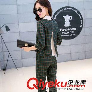 2015八月第四批新款上架 2015秋裝新款氣質時尚套裝女裝大碼顯瘦娃娃領格子兩件套潮原始圖片3