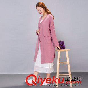 2015八月第三批新款上架 實拍  2015秋新款棉麻長袖純色外搭開衫空調(diào)衫中長款外套原始圖片2