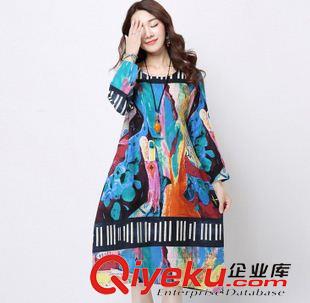 2015八月第二批新款上架 原創(chuàng)棉麻文藝2015秋新款女裝圓領(lǐng)長袖印花寬松中裙連衣裙秋原始圖片2