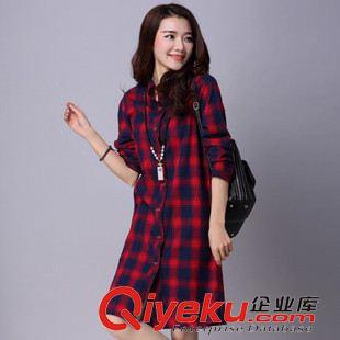 2015八月{dy}批新款上架 2015秋裝新款棉麻大碼女裝中長(zhǎng)款文藝寬松格子襯衫襯衣女上衣原始圖片2