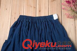 2015八月{dy}批新款上架 2015秋季新款森女系文藝范素麻荷花印花長裙百褶大擺裙半身裙原始圖片3
