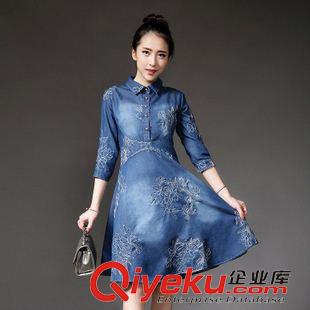 2015七月第四批新款上架 天貓H0910 歐洲站2015新款夏季重工刺繡翻領水洗牛仔氣質連衣裙原始圖片2