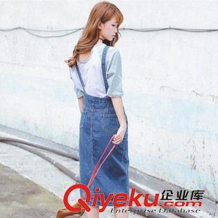 2015七月第四批新款上架 2015夏季美 新裝 學院風休閑開衩牛仔背帶裙 批發原始圖片3