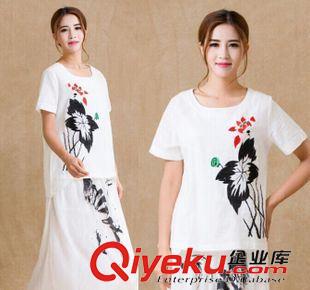 2015七月{dy}批新款上架 2015春季新款棉麻女裝 外貿(mào)大碼水墨印花亞麻襯衣女式襯衫