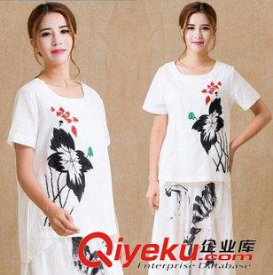 2015七月{dy}批新款上架 2015夏裝新款荷花刺繡棉麻女士T恤寬松大碼休閑名族風短袖套頭衫原始圖片2