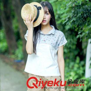 20156月第三批新款上架 文藝森女系森女系棉麻女裝 船錨條紋拼接麻棉寬松T恤女短袖襯衫原始圖片2