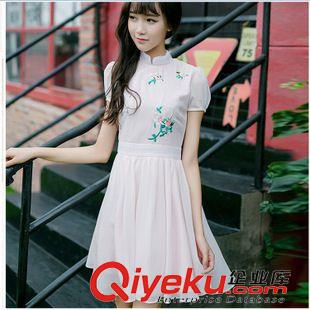 20156月第二批新款上架 實拍2015夏季新款連衣裙 復古女裝繡花收腰立領(lǐng)雪紡連衣裙原始圖片2