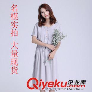 20156月{dy}批新款上架 2015夏文藝棉麻女裝 甜美圓領(lǐng)短袖系帶收腰褶皺麻裙中長(zhǎng)款連衣裙