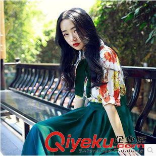 亞麻/棉麻短袖/中袖連衣裙 2015夏季新款定制印花假兩件套翻領短袖墨綠文藝長裙連衣裙原始圖片2