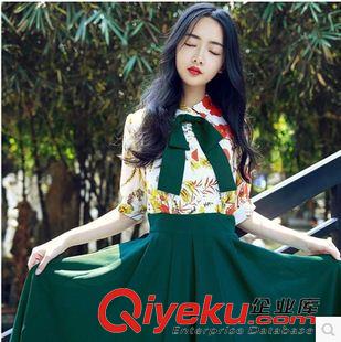 亞麻/棉麻短袖/中袖連衣裙 2015夏季新款定制印花假兩件套翻領短袖墨綠文藝長裙連衣裙原始圖片3