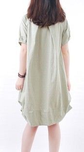 亞麻/棉麻短袖/中袖連衣裙 胖MM寬松dmmm女裝夏季新 短袖棉麻連衣裙 原創設計中長款裙子原始圖片2
