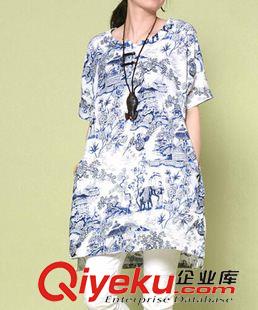 亞麻/棉麻短袖/中袖連衣裙 2015夏季新款純色中長款胖MM女裝文藝復古寬松大碼棉麻短袖連衣裙