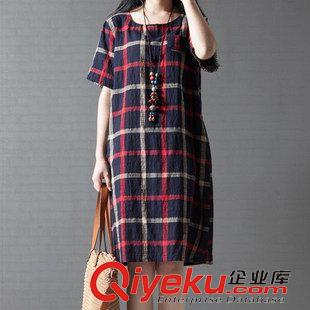 亞麻/棉麻短袖/中袖連衣裙 2015新品文藝大碼女裝連衣裙棉麻印花胖mm短袖中腰寬松中長款夏