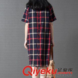 亞麻/棉麻短袖/中袖連衣裙 2015夏裝新款寬松大碼森林女系格子棉麻布衣風(fēng)格文藝范短袖連衣裙原始圖片2