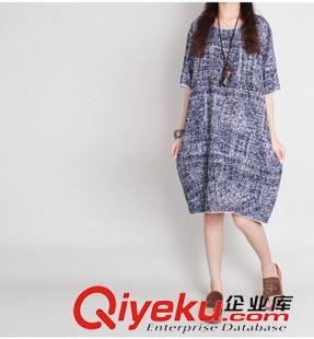 亞麻/棉麻短袖/中袖連衣裙 春夏胖MM大碼女裝復古印花寬松棉麻五分袖連衣裙女