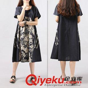 亞麻/棉麻短袖/中袖連衣裙 2015春裝新款女裝連衣裙 民族風中長款dmmm印花裙子代理加盟